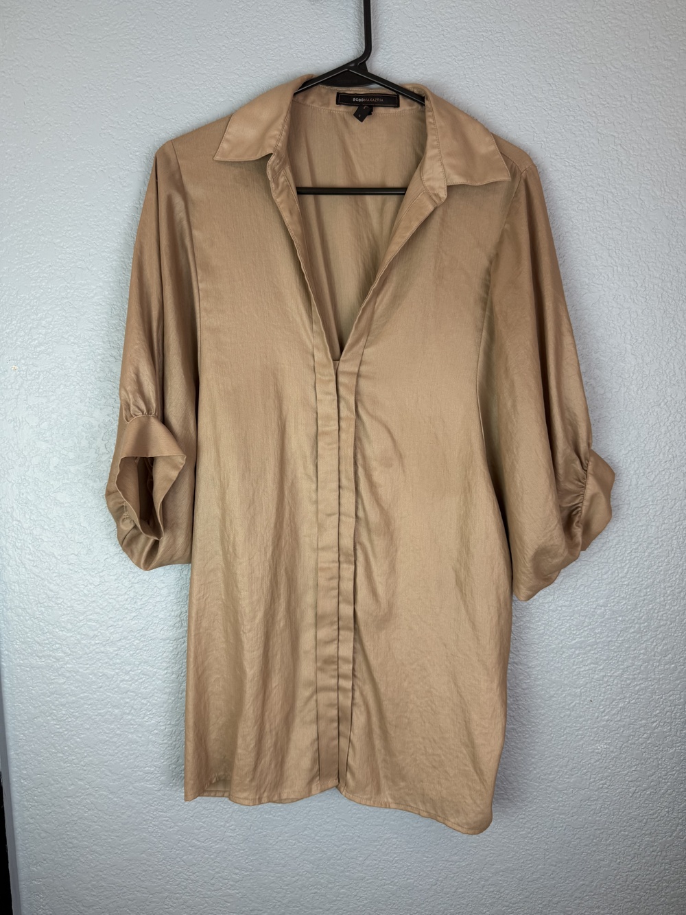 BCBGMAXAZRIA Shirt Womens Small Khaki Button Up 3/4 Sleeve Tunic Blouse Top